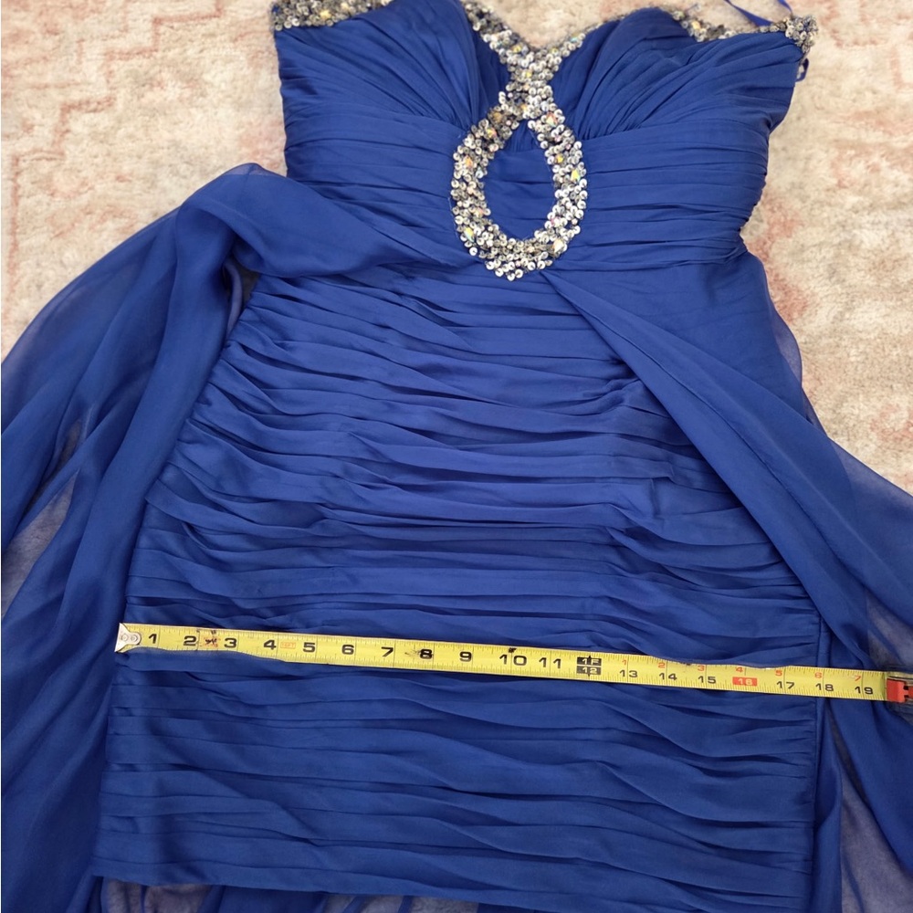Strapless Royal Blue Evening High-Low Dress with Embellished Bodice - Picture 4 of 10